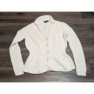 Lauren Ralph Lauren White Knit Cinched Cardigan‎ Jacket Button Front Size M